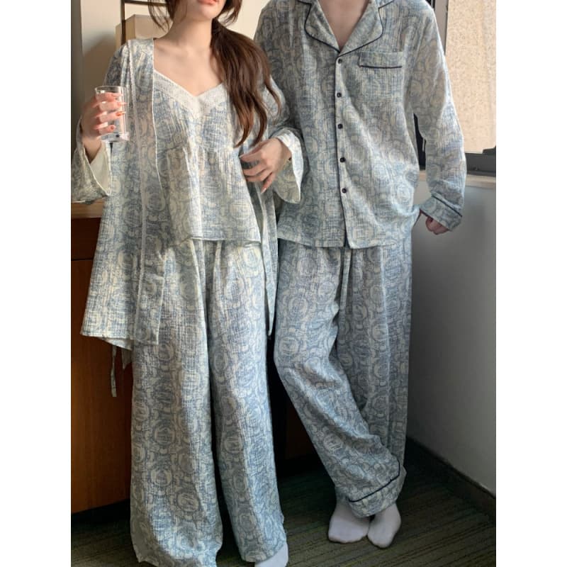Cross-border Supply Korean Style Couple Casual Loose Soft Cotton Double Yarn Four Seasons Chinese Style Simple Robe Three-Piece Homewear Set