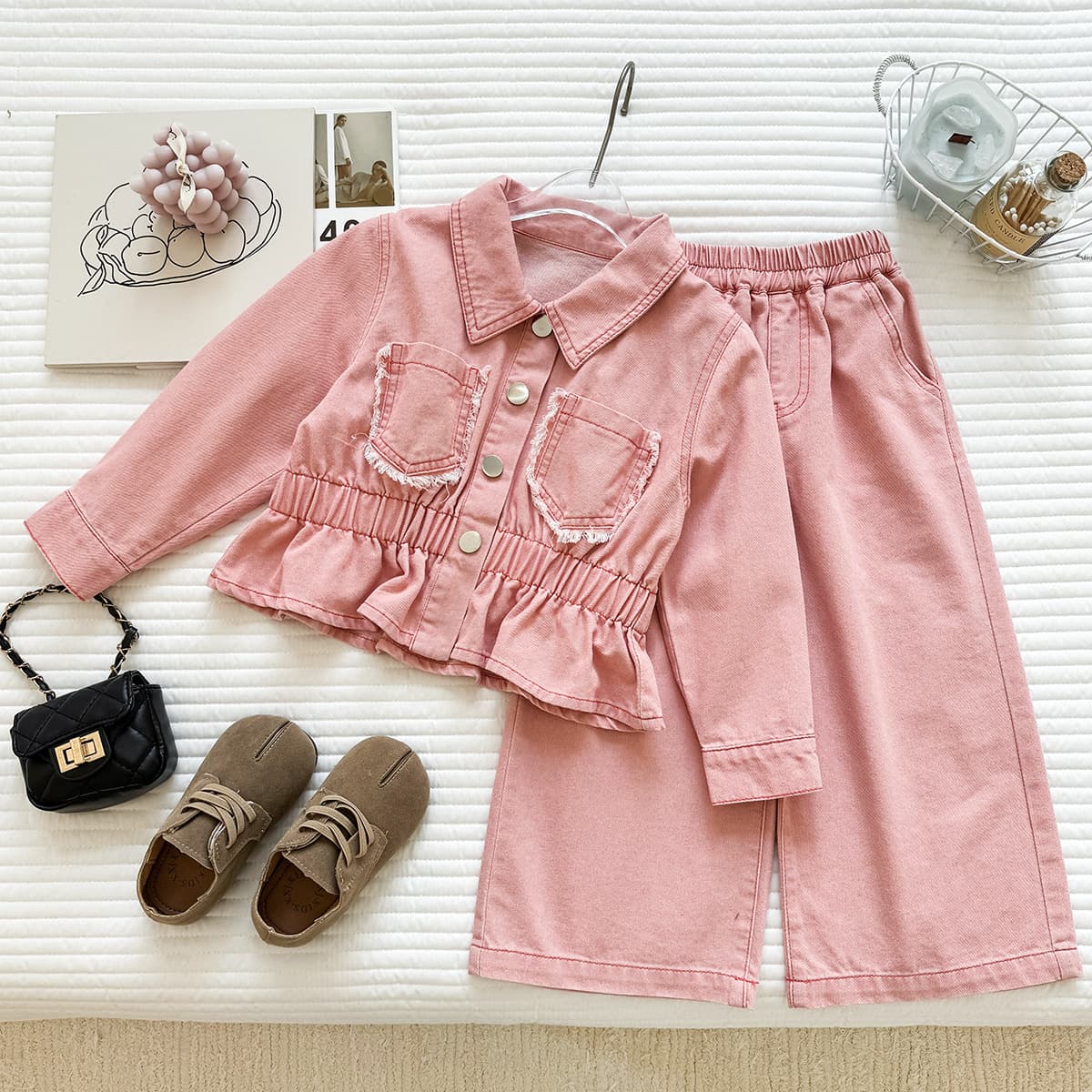 Girls' Cinched-Waist Ruffle Hem Denim Jacket Set Autumn Collared Cinched-Waist Denim Top Wide-Leg Pants Set Trendy