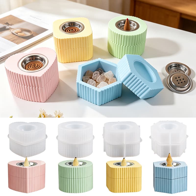 DIY Round Square Heart Stripe Incense Burner Aromatherapy Silicone Mold Geometric Storage Scented Resin Plaster Mold