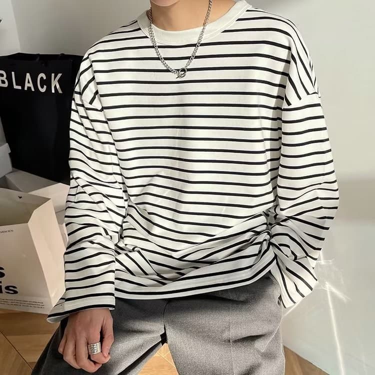 Striped T-Shirt for Men, Spring and Autumn New Korean Style Loose Fashionable Casual Versatile Round Neck Long Sleeve T-Shirt Base Layer