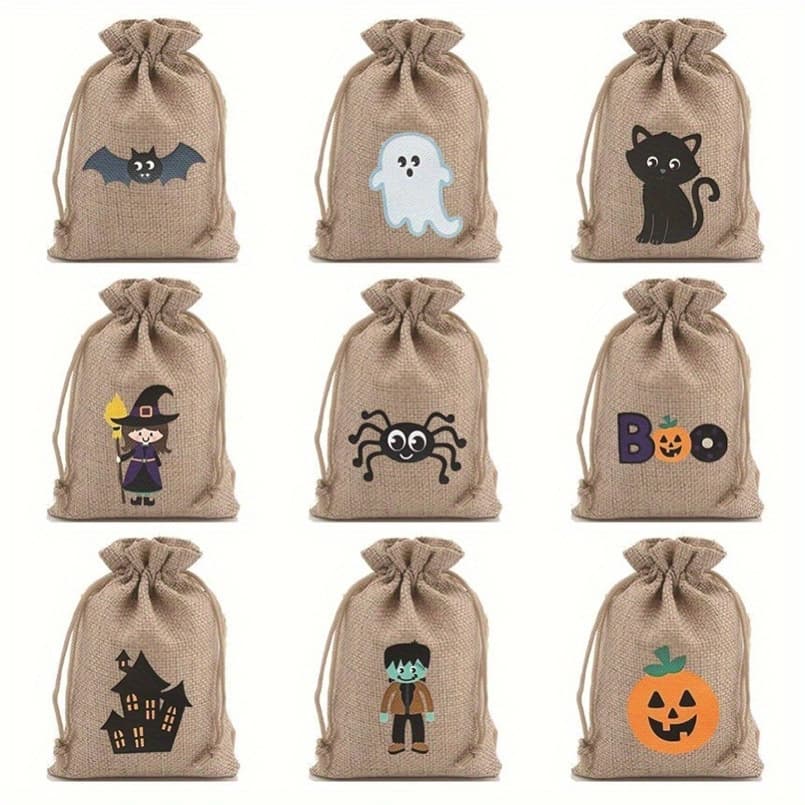 Cross-border Halloween Cartoon Print Burlap Drawstring Bag Ghost Festival Candy Storage Bag Party Favor Bag