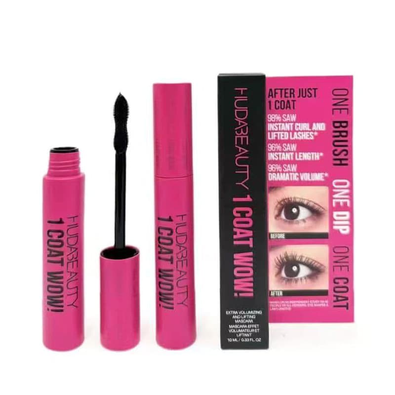 HUDA BEAUTY 1 COAT WOW! Dual-Ended Brush Volumizing Lengthening Long-Lasting Curling Mascara Eye Makeup