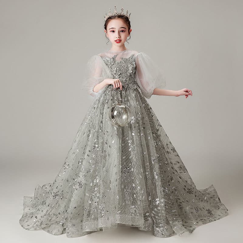 Children's Princess Dress Summer Girls Tulle Silver Gray Host Trailing Performance Gown Luxury Evening Dress