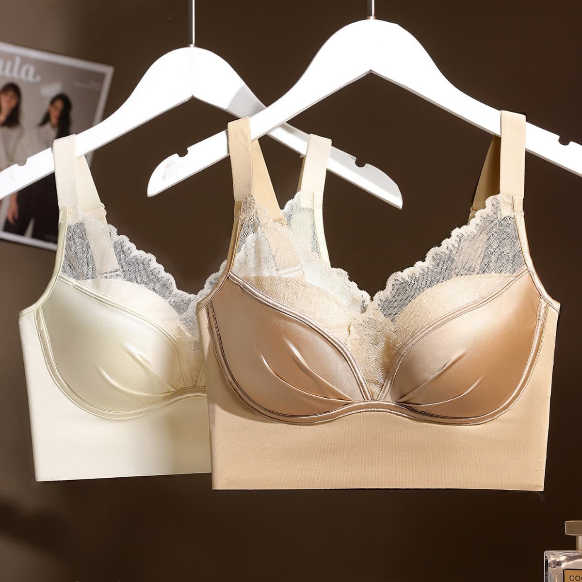 Seamless lace back-beautiful underwear, fixed cup, wire-free vest-style bra, side breast-lifting pull-up bra