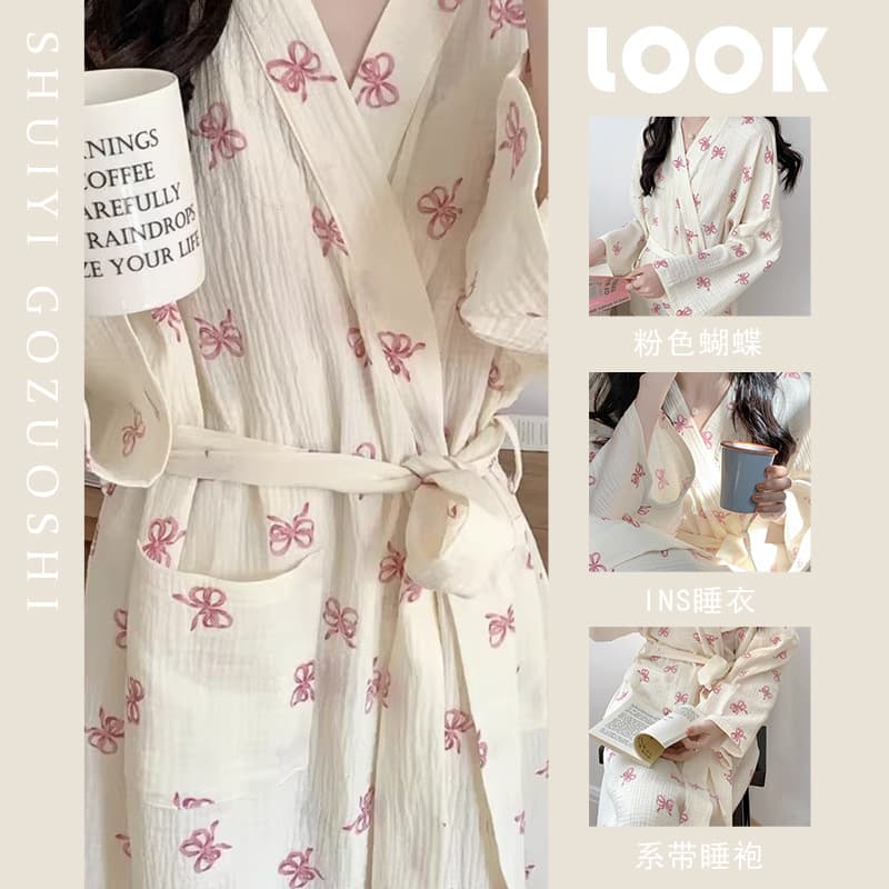 New Spring Autumn Pajamas Women Korean Style Simple Comfortable Robe Bow Casual Loose Homewear Nightgown Summer