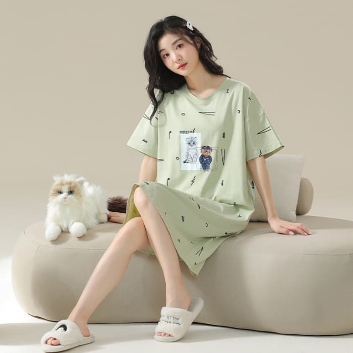 7A Antibacterial Cotton Sleep Dress for Women - Summer Round Neck Short Sleeve Loose Plus Size Loungewear Nightgown Suitable for Outdoor Wear