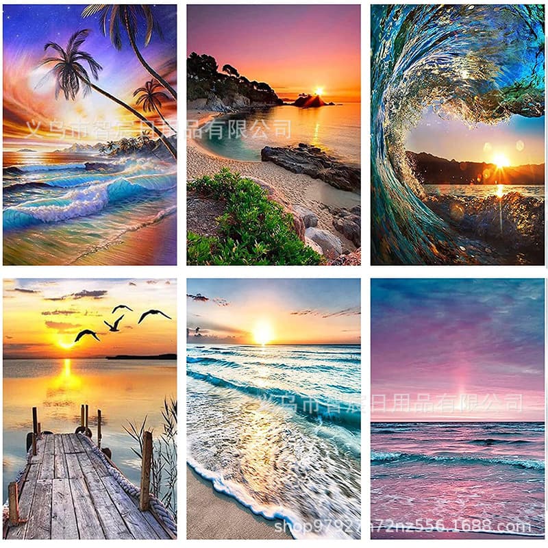 5D Full Drill Diamond Painting Beach Landscape Artistic Cross Stitch round Diamond Wholesale Unframed Handmade Oil Canvas