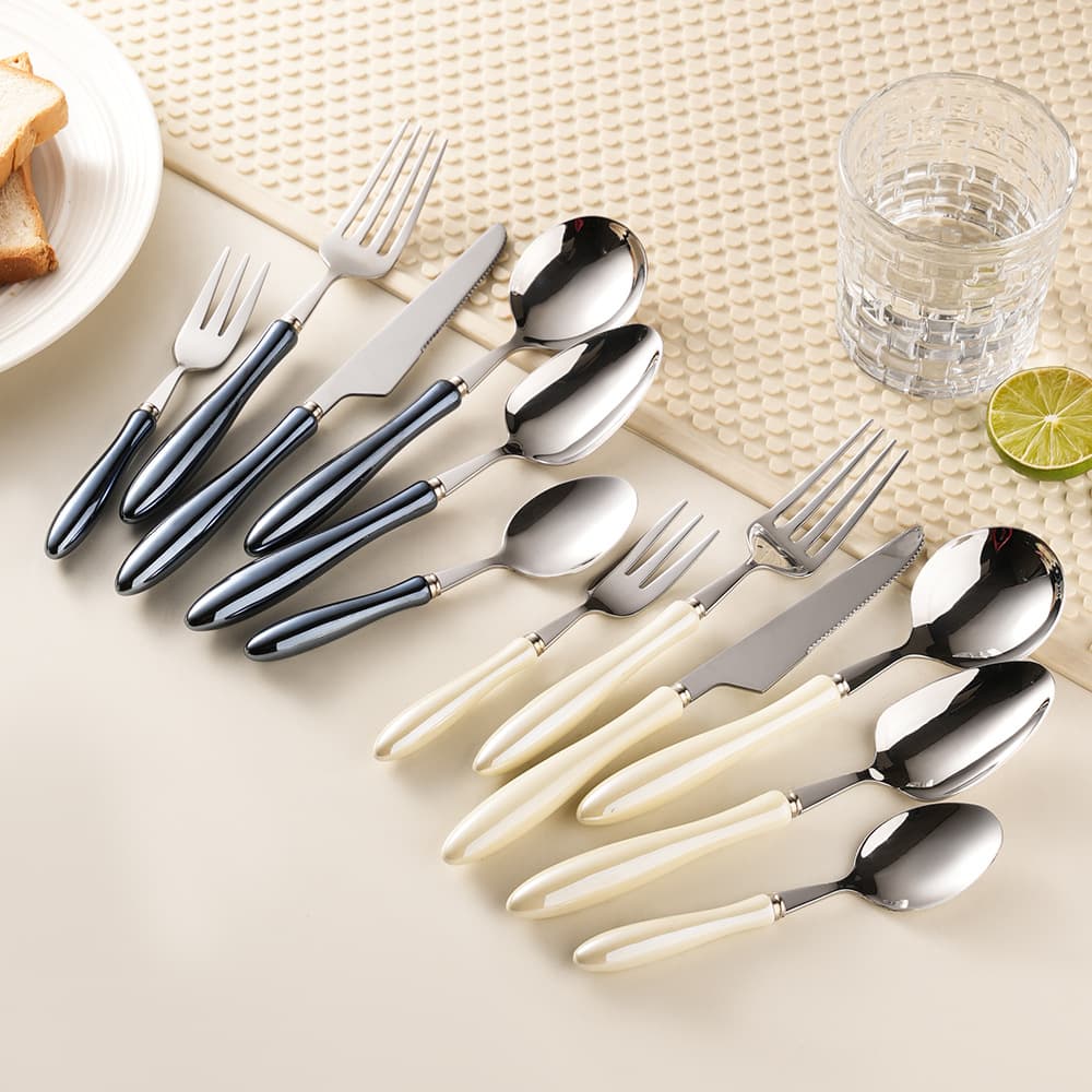 Macaron Ceramic Handle Knife Fork Spoon 304 Stainless Steel Cutlery, Stylish Round Spoon, Luxury Hotel Dessert Spoon and Fork
