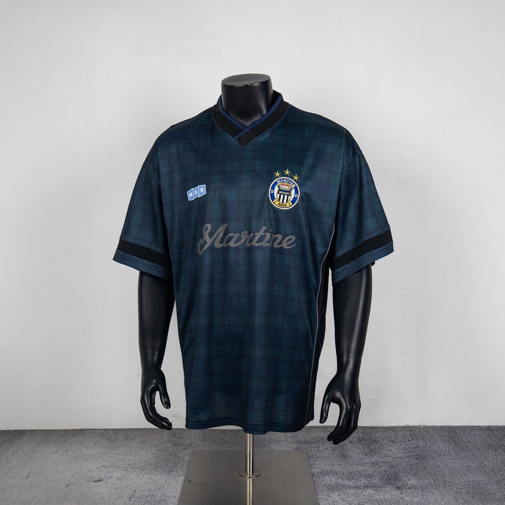 Martine Rose Retro Plaid V-Neck Jersey Men's Loose Short Sleeve T-Shirt Streetwear Hip-Hop Football Style