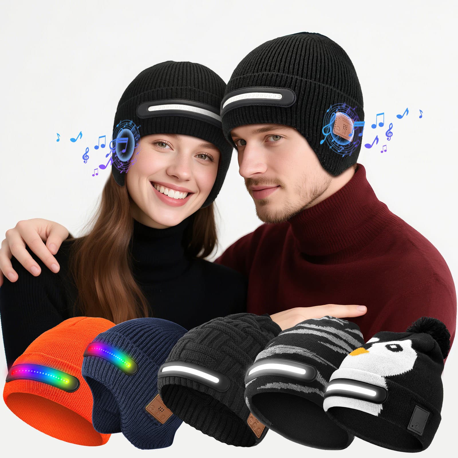 Temu Amazon Supply Bluetooth Music Earphones, Colorful LED Light-Up Caps, Multiple Color Options Available
