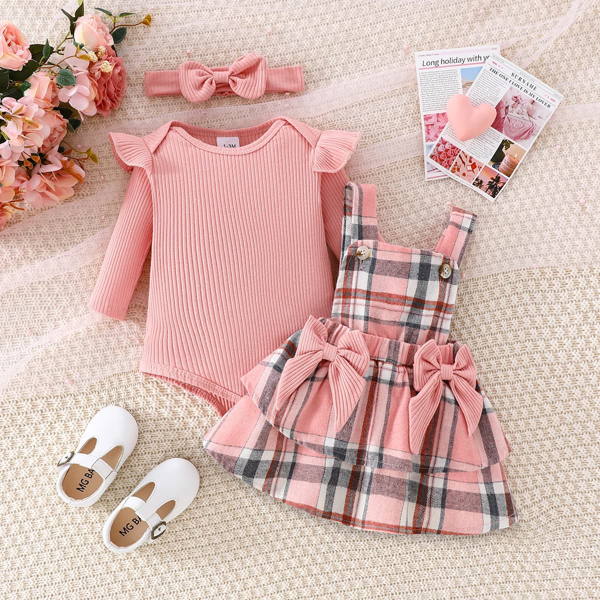 Baby Autumn Winter Pink Ribbed Bodysuit Plaid Suspender Skirt with Large Bow Includes Headband Fashion Set