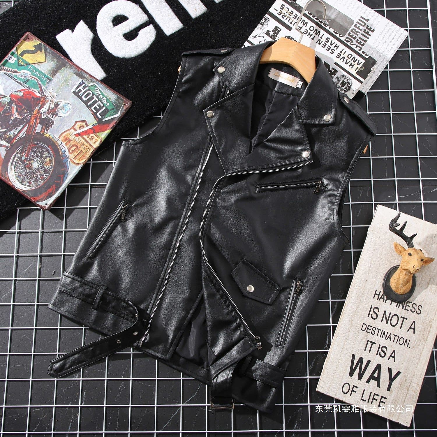 Vest Men's 2026 Spring and Autumn New Short Sleeveless Motorcycle Style PU Leather Suit Collar Punk Waistcoat Vest Belt