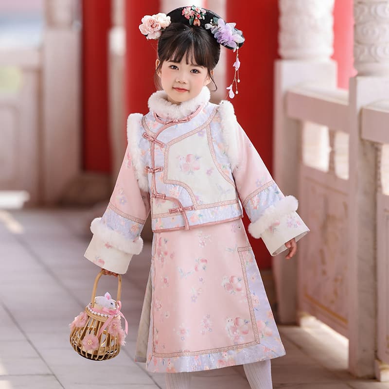 Gege-style Girl's Ancient Costume Qing Dynasty Autumn/Winter Thickened Children's Winter Hanfu Chinese Style Tang Suit Manchu New Year Outfit