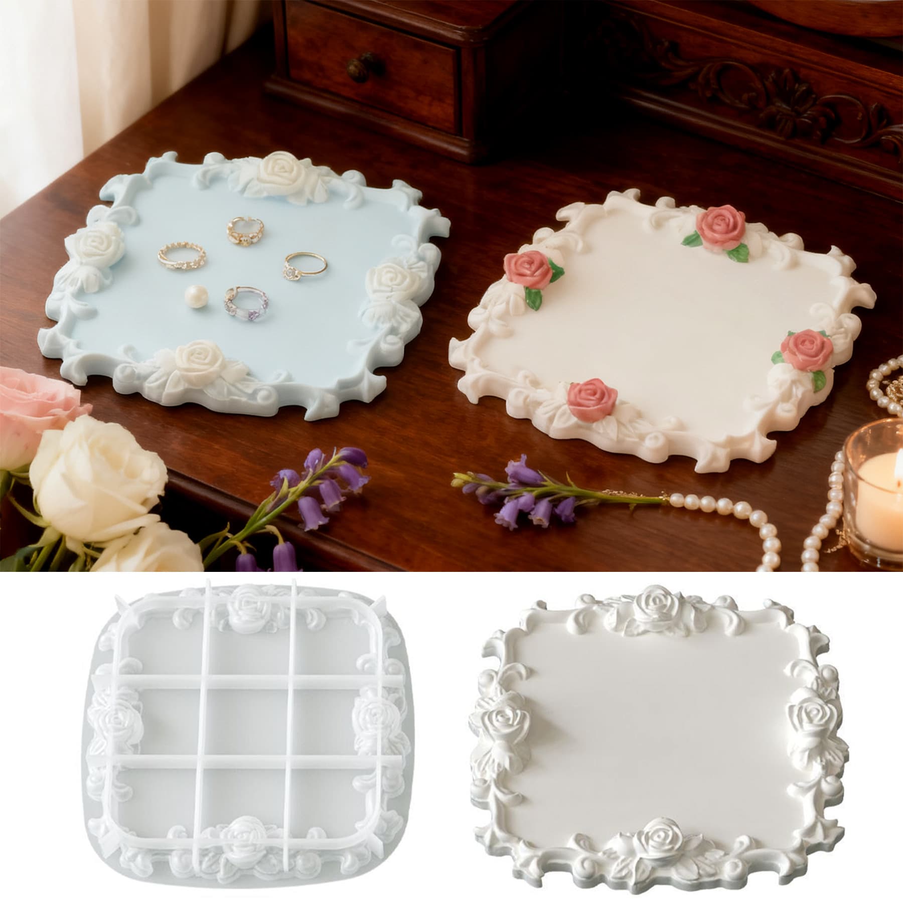 Zongbo Silicone Rose Lace Tray Silicone Mold Aromatherapy Plaster DIY Jewelry Storage Tray Glue Mold
