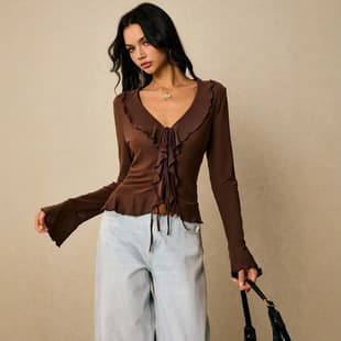 L358TP European and American Cross-Border Maillard Dark Brown Peter Pan Collar V-Neck Chest Ruffled Tie Waist Long Sleeve Top