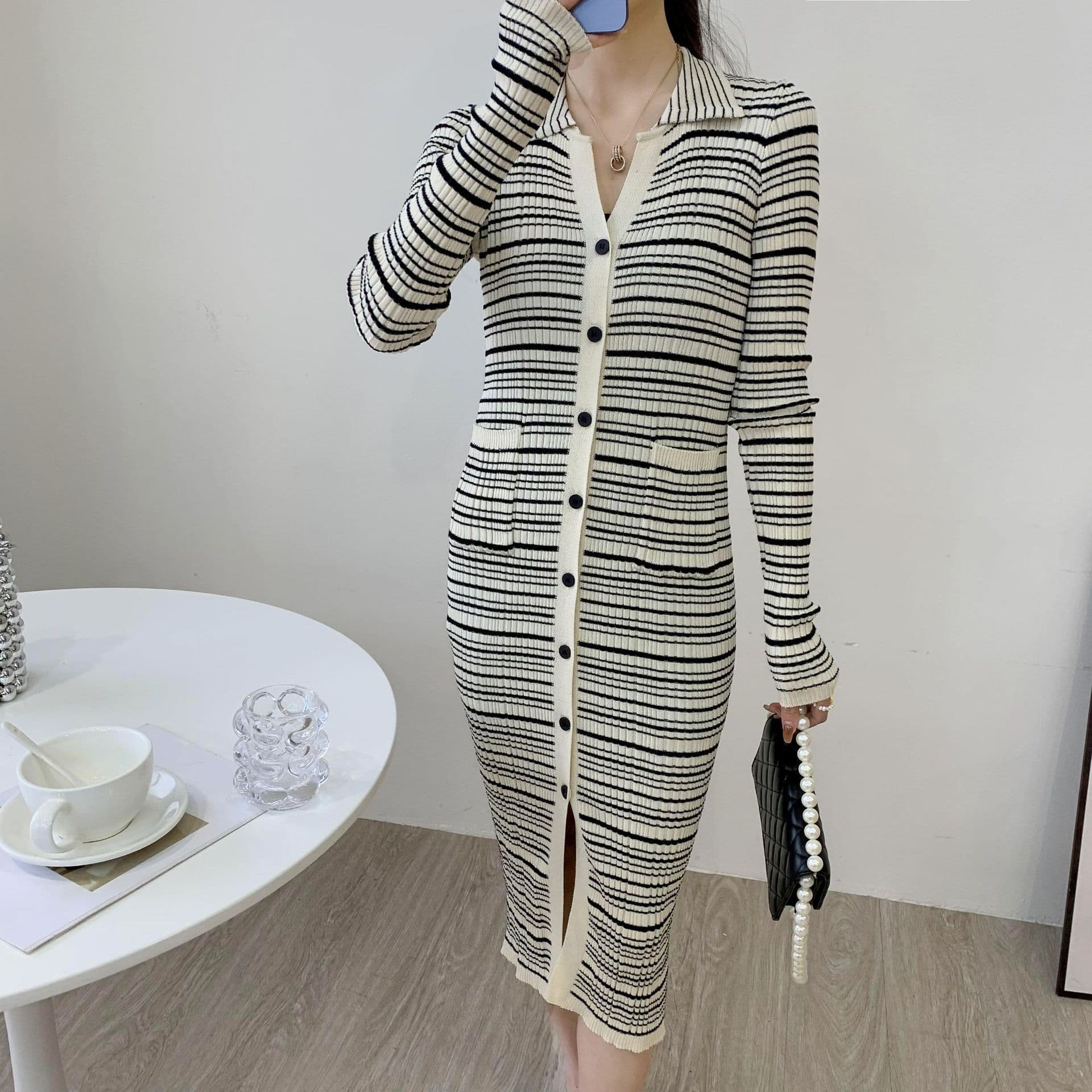 JiaZhi Polo Collar Striped Maternity Cardigan Long Dress, Knitted V-Neck Button-Up Slimming Innerwear B7250