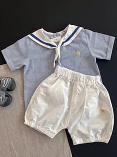 Baby Kids Ins Set 25 Summer Boys Girls Baby Blue Stripe Sailor Collar Short Sleeve Shorts Two-Piece Set