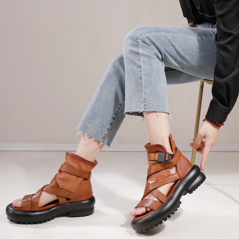 Clearance Sale Handmade Thick Sole Genuine Leather Sandal Boots Women Huigu 2024 Spring Summer New Comfortable Personality Retro Sandal Boots Women