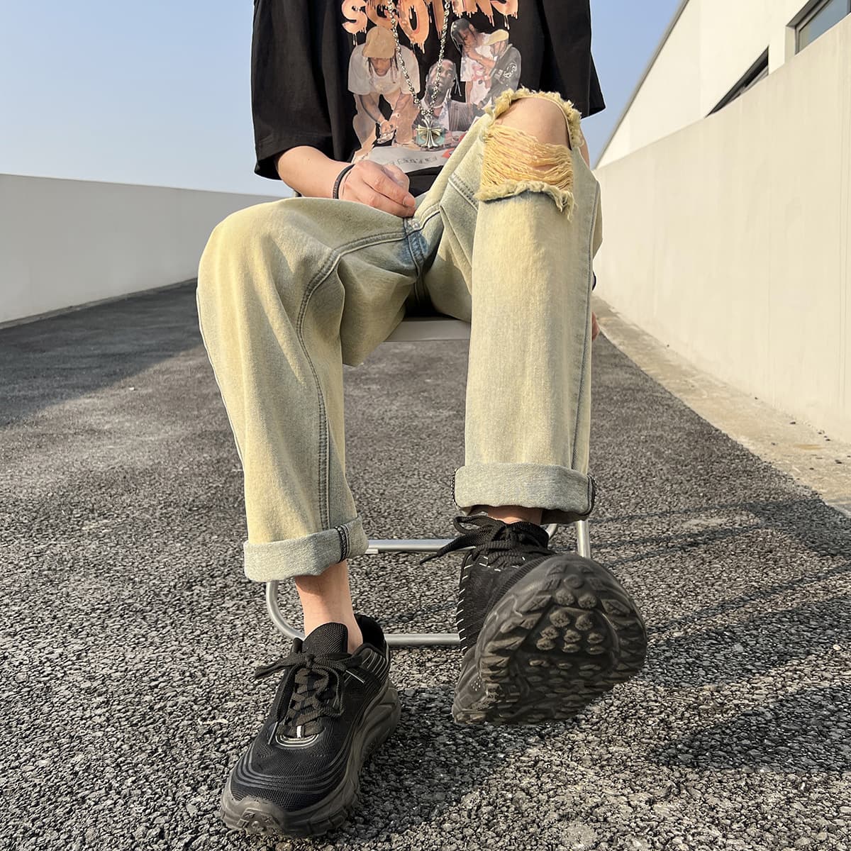 Straight Leg Jeans for Men Summer New Design Casual Versatile Ripped Jeans Straight Leg Plus Size Student Trendy Pants