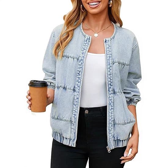 Denim jacket for women 2025 autumn cross-border new style washed loose round neck zipper light blue European and American denim jacket