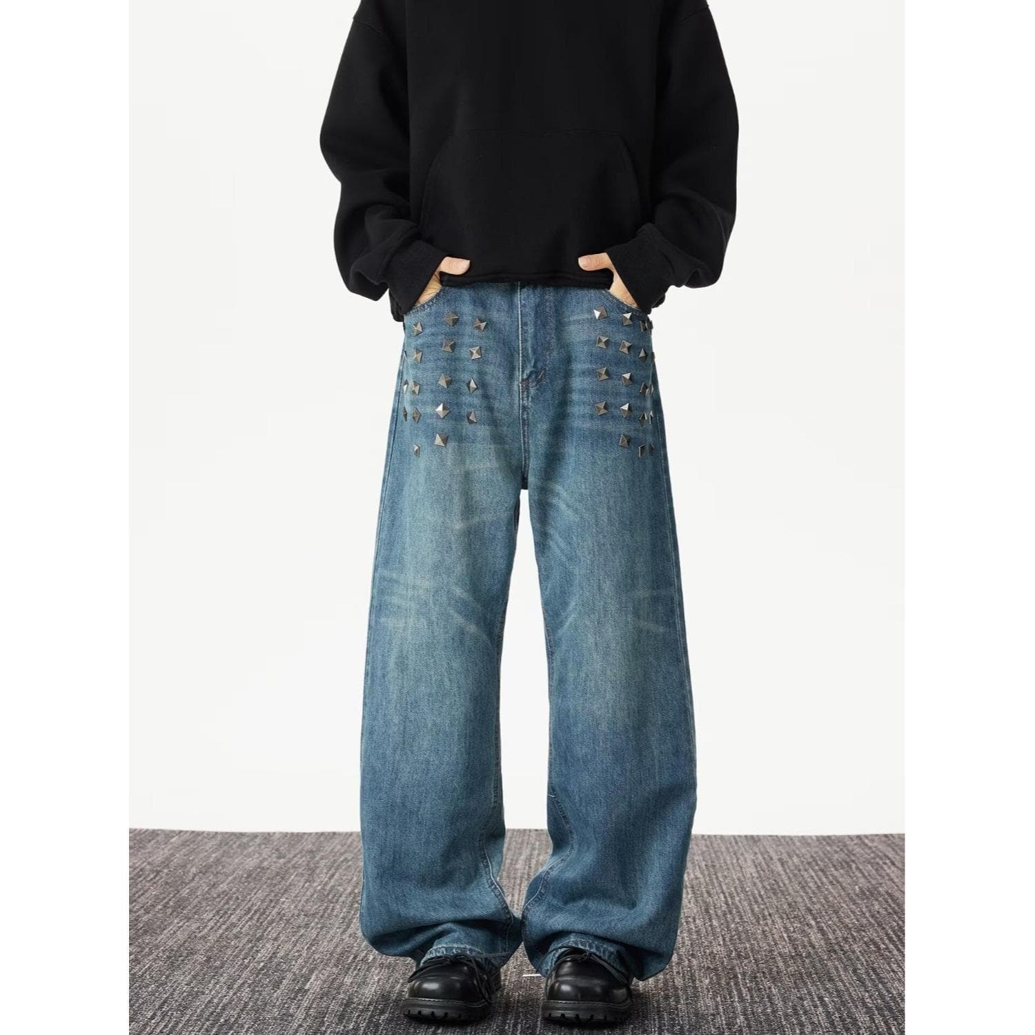 American retro personality street high-waist washed jeans men's trendy rivet design wide-leg long pants trendy