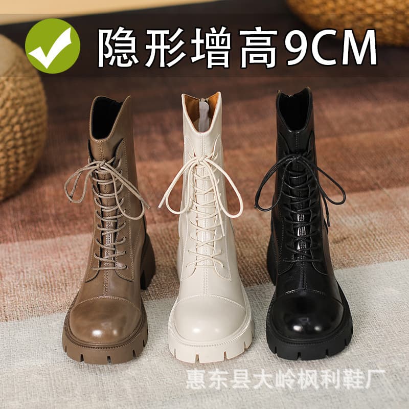 Trendy and cool women's combat boots, popular online, 2024, slimming and height-enhancing, British style lace-up ankle boots.