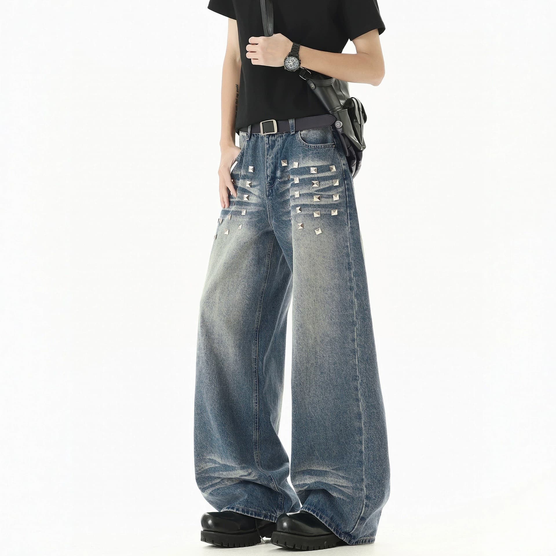 American retro washed square nail jeans for men cleanfit loose straight whiskers lazy wide leg long pants