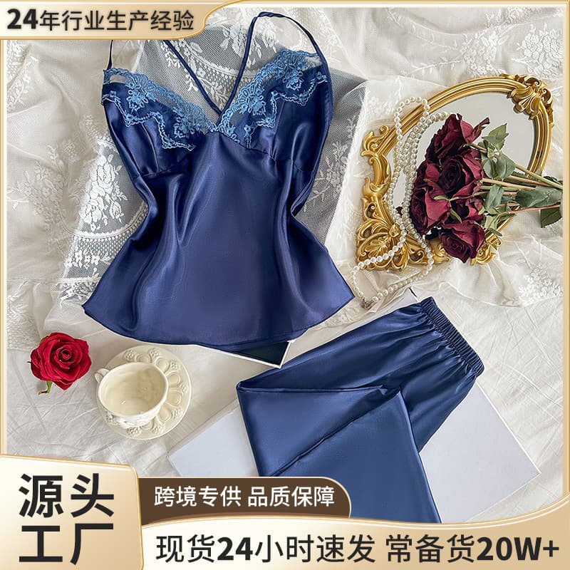 Fashionable High-End Camisole Pajama Set, European-American Style Thin Women's Sleepwear, Pure Sexy Solid Color Loungewear for Spring and Autumn