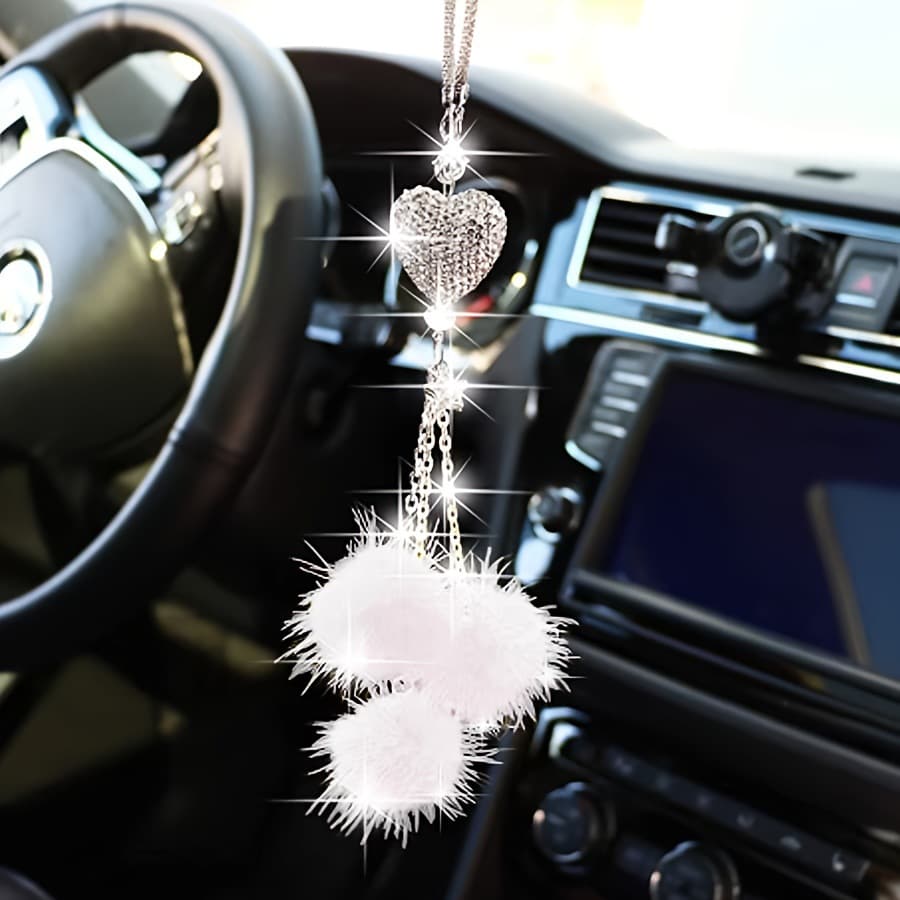 Cute Fuzzy Heart Pom-Pom Car Hanging Ornament Rhinestone Heart Rearview Mirror Decoration Women's Car Accessory