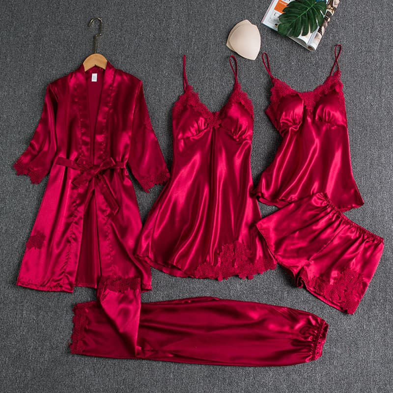 Ice Silk Thin Homewear Set Women's 5-Piece Pajama Set Sexy Spicy Spring Autumn Lightweight Plus Size V-Neck Long Pants