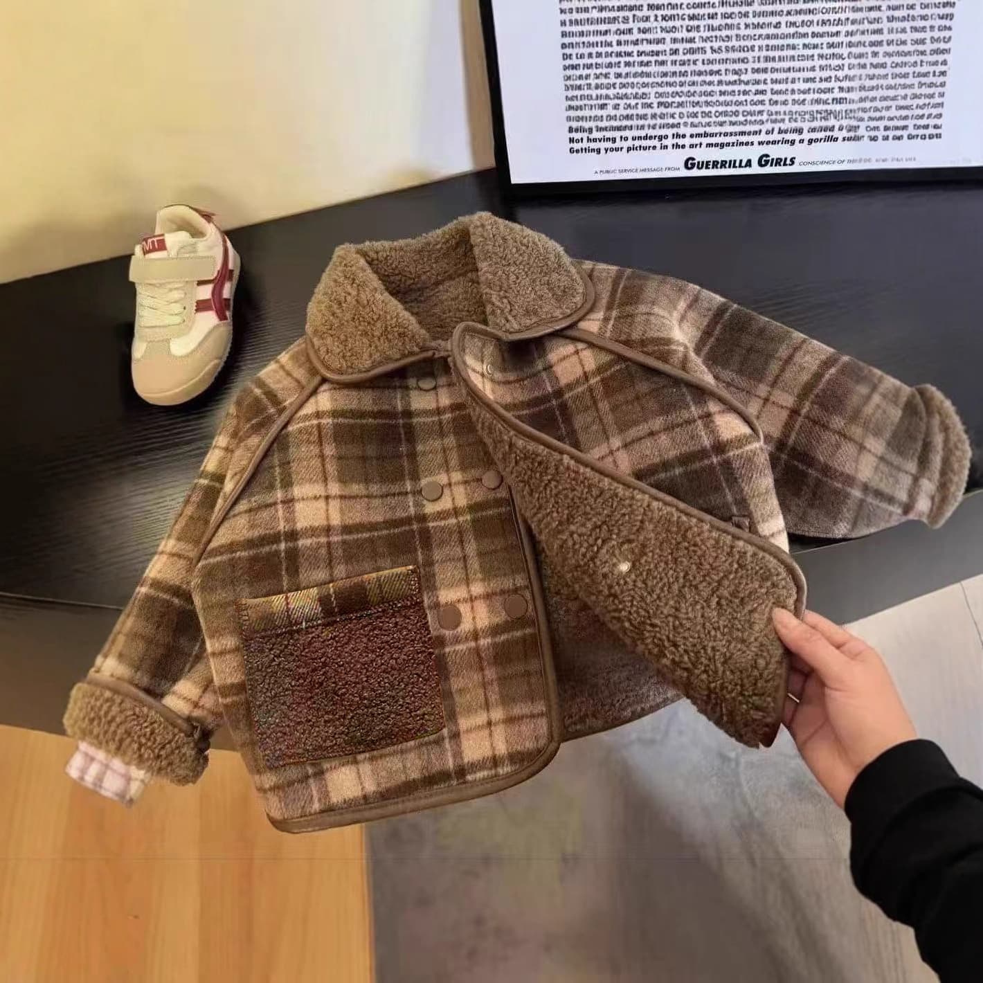 2025 New Unisex Fleece-lined Jacket, Children's Turn-collar Plaid Wool Trendy Casual Outerwear for Autumn/Winter
