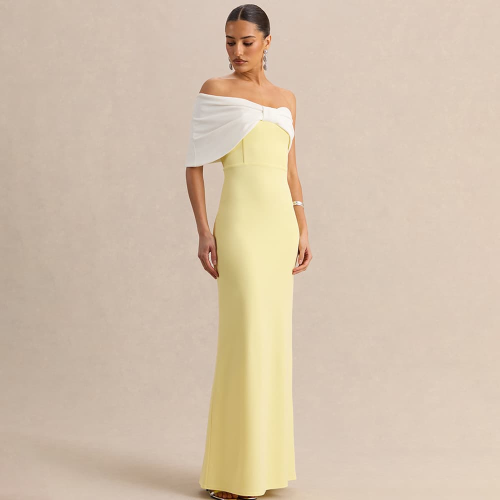 2026 European and American Trendy Contrast Color One-Shoulder Dress Bowknot Fitted Strapless Asymmetric Mermaid Long Dress