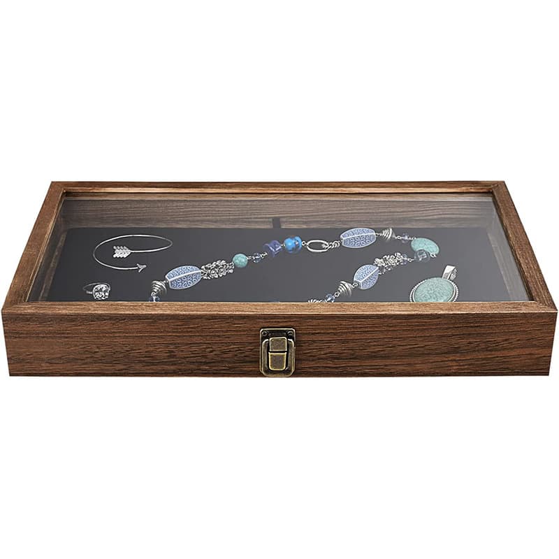 Wooden Jewelry Display Desktop Organizer with Lock and Transparent Glass Lid Storage Box