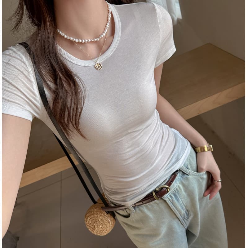 Tencel Wool Short-Sleeve Crew Neck T-Shirt for Women, Slim Fit, Korean Style, Summer Basic Layering Top
