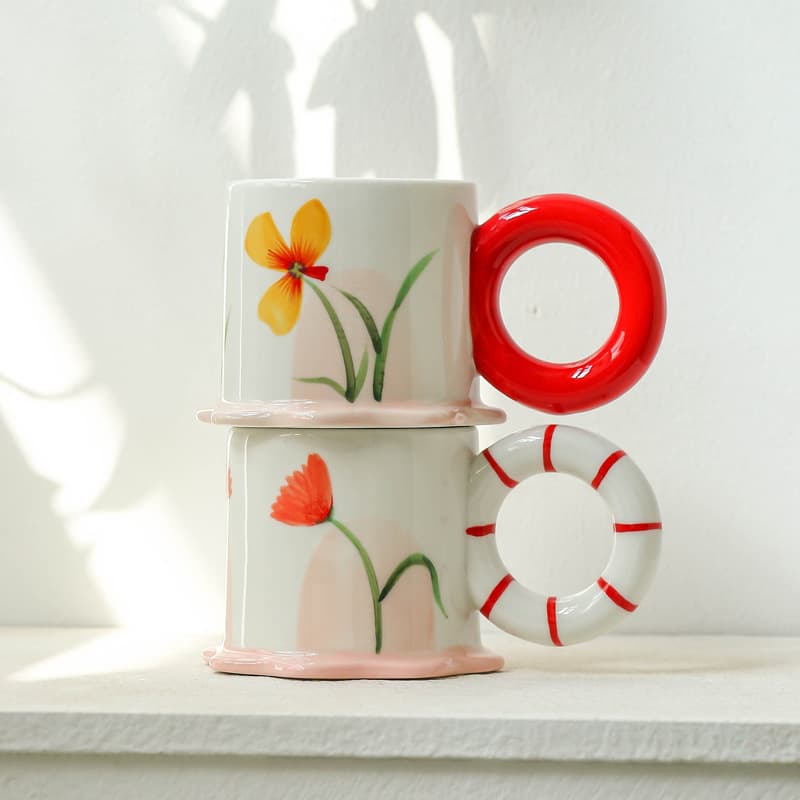 Flower Holder Cup - Artificial Hand-Painted Underglaze Cute Large Handle Ceramic Mug for Fresh Flowers, Water Cup, Office Cup