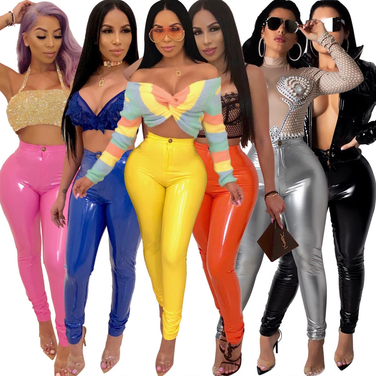 AliExpress Amazon Fall/Winter High-Waist Solid Color Slim High-Stretch Fleece-Lined Thickened PU Leather Pants Women's Outdoor Trousers
