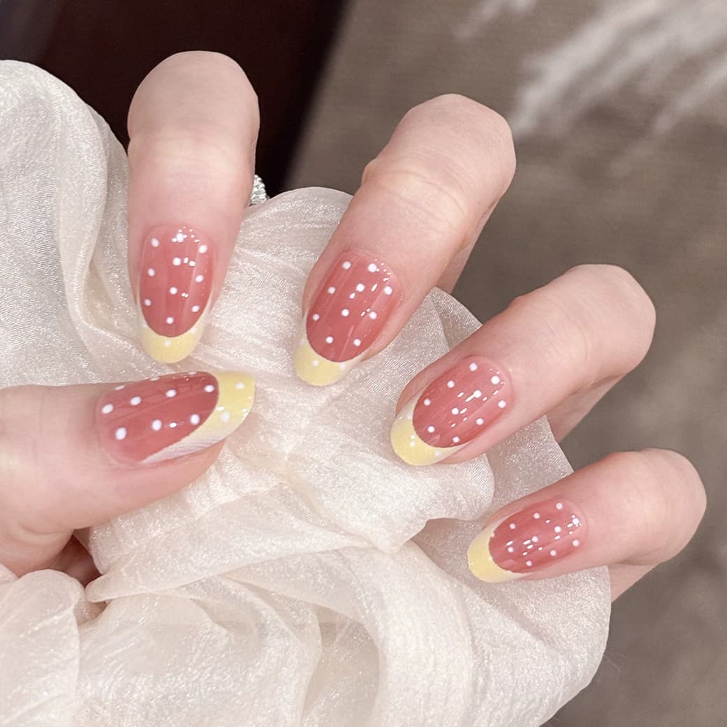 Handmade Pink and Yellow Polka Dot French False Nails Short Wearable Nails Removable Sweet Girl Nail Tips Finished Product