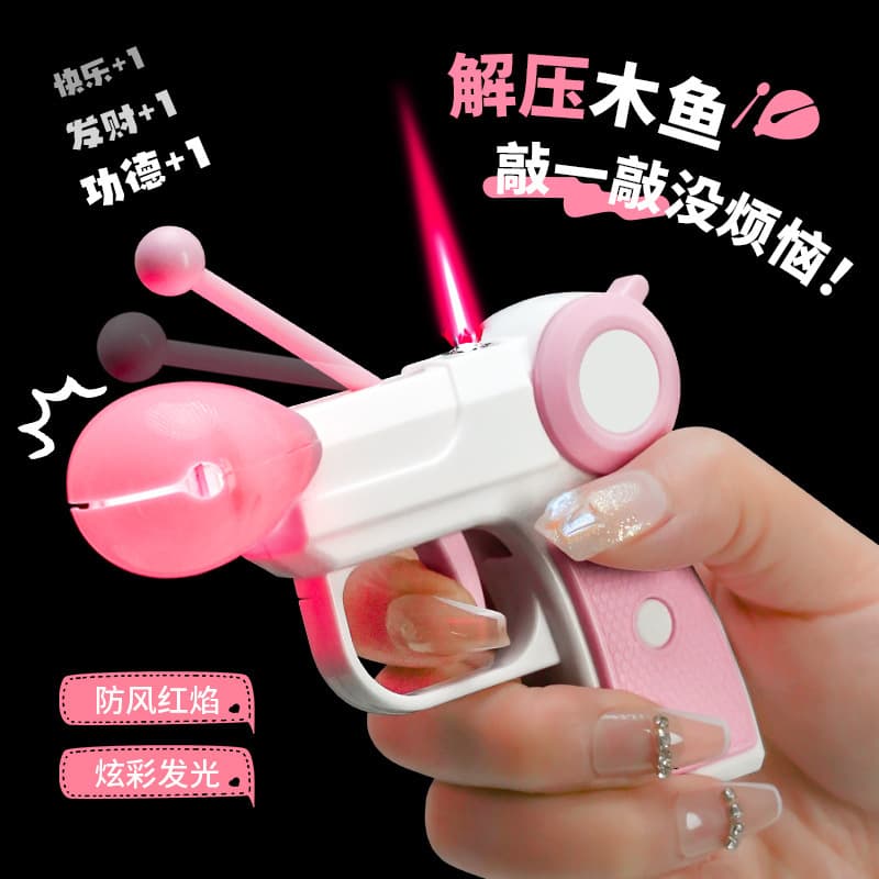 Fun Wooden Fish Tapping Toy Lighter with Colorful Lights, Windproof Direct-Impact Stress Relief Lighter