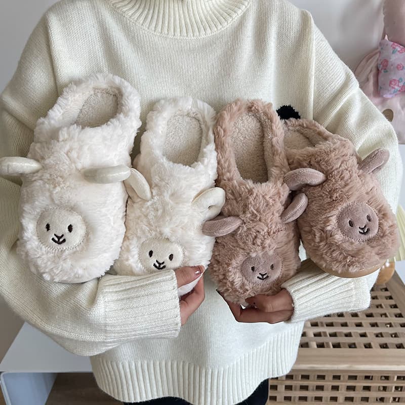 Women's Cotton Slippers for Home Indoor Cute Plush Warm Couple Heel Sheep Postpartum Slippers Men Winter Anti-Slip