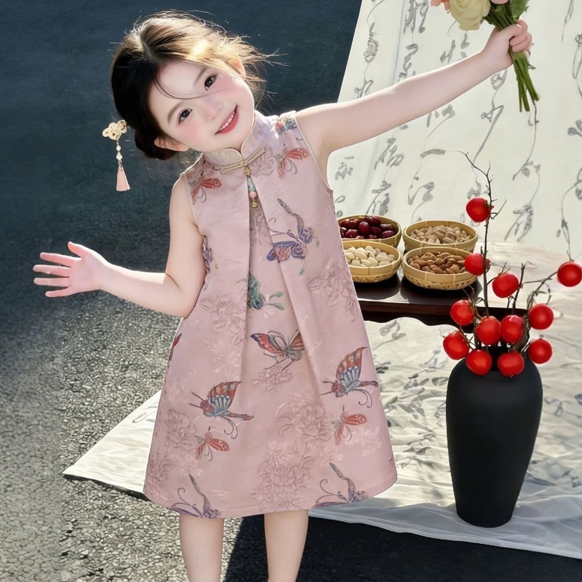 New Chinese Style Girls' Children's Cheongsam Summer Thin Fabric Little Girl Daily Wear Dress Pink Butterfly Dress