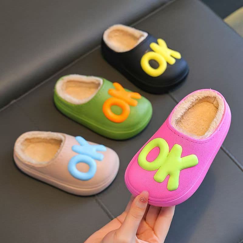 Winter Parent-Child Adult Fuzzy Slippers, Soft-Soled Anti-Slip Warm Waterproof Baby Letter Cartoon Plush Outdoor New