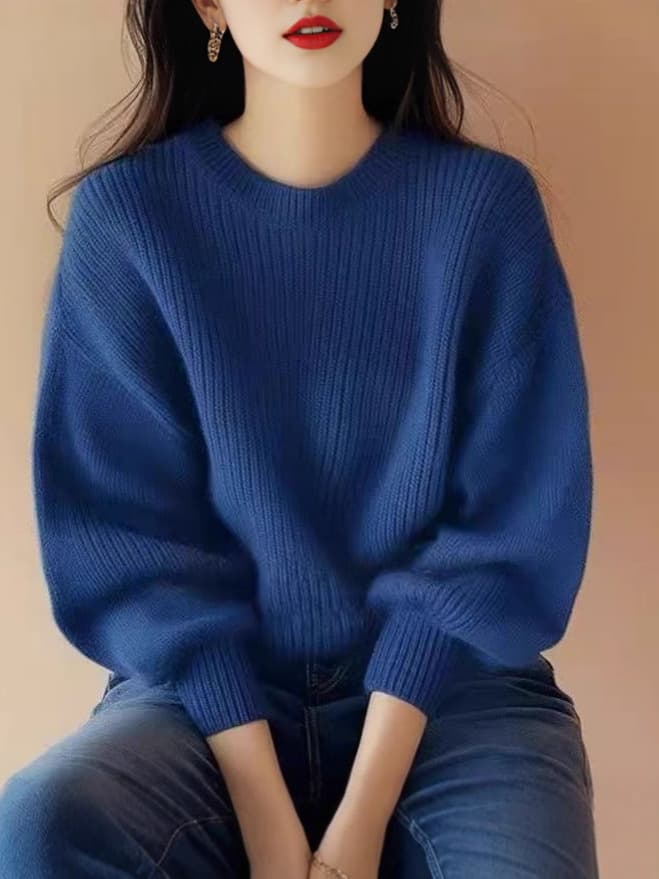 Blue Cozy Soft Knit Sweater for Women 2025 Fall/Winter New Arrival High-End Loose Round Neck Pullover Knitwear Top