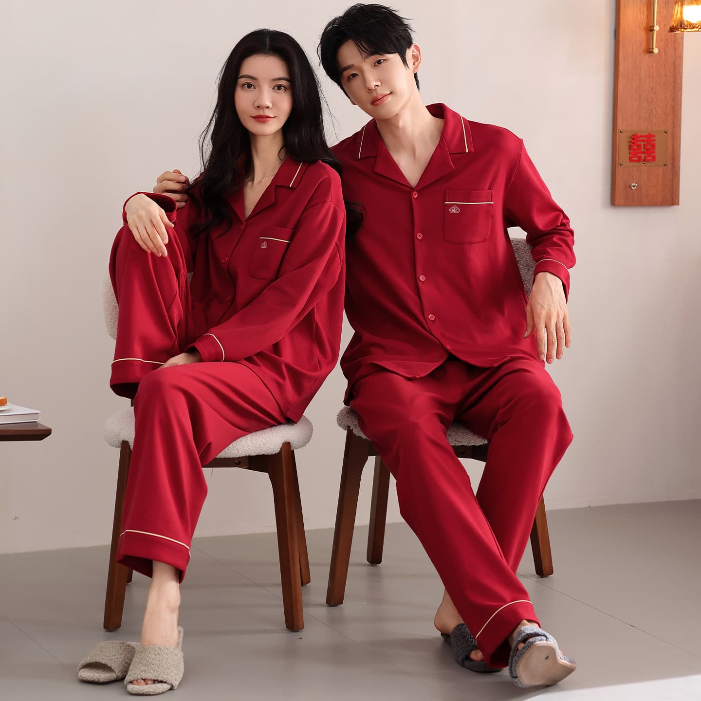 Spring/Autumn 100% Pure Cotton Bright Red Newlywed Festive Zodiac Year Couples Pajamas Men/Women Wedding High-End Homewear