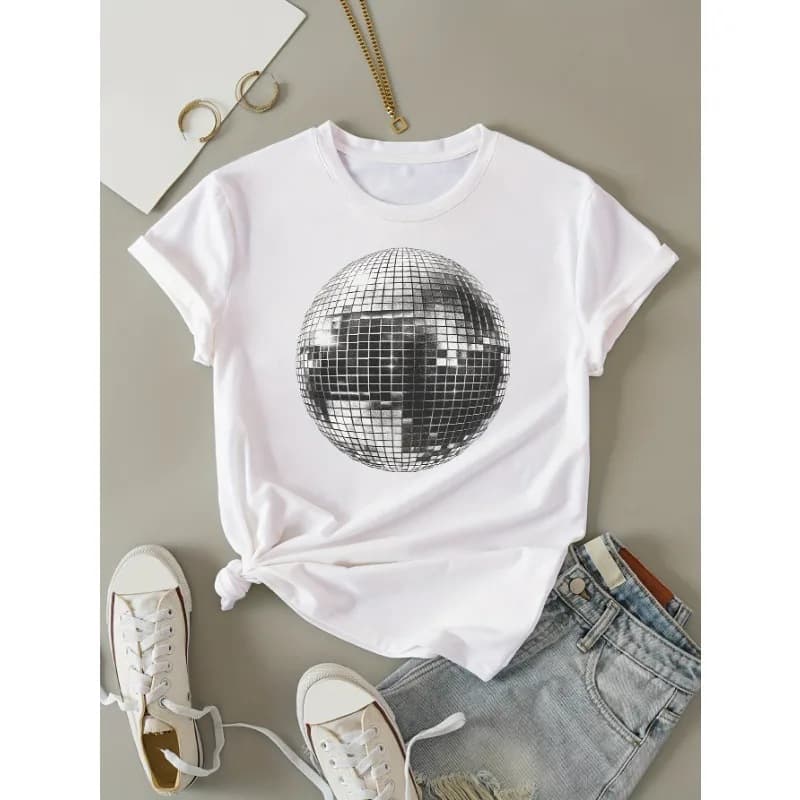 Women's Clothing Disco Ball Print Crew Neck T-shirt Short Sleeve