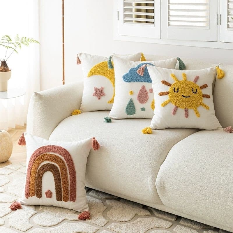 European and American Ins Style Bohemian Pillow Cover Kids' Room Boho Cartoon Pillow Ring Velvet Tassel Bedside Cushion