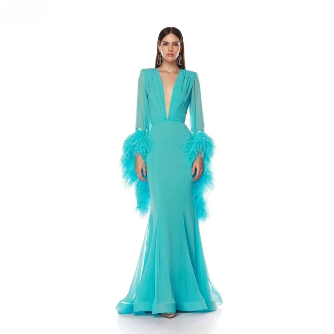 Cross-border V-neck fishtail evening dress, long-sleeved ostrich feather cuffs, backless long dress, banquet photo host dress