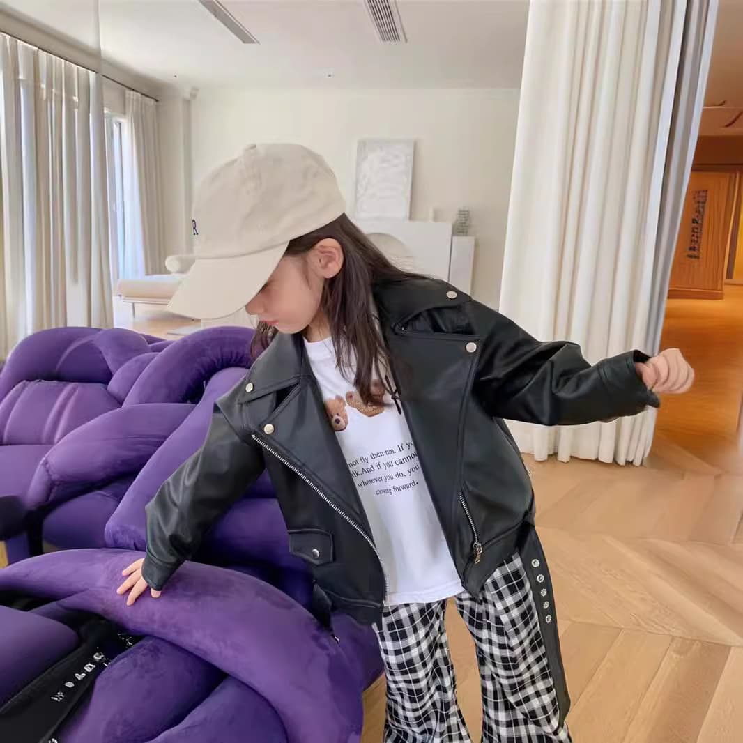 Girls leather jacket 2024 autumn new style children's style Korean style baby motorcycle jacket spring and autumn jacket top