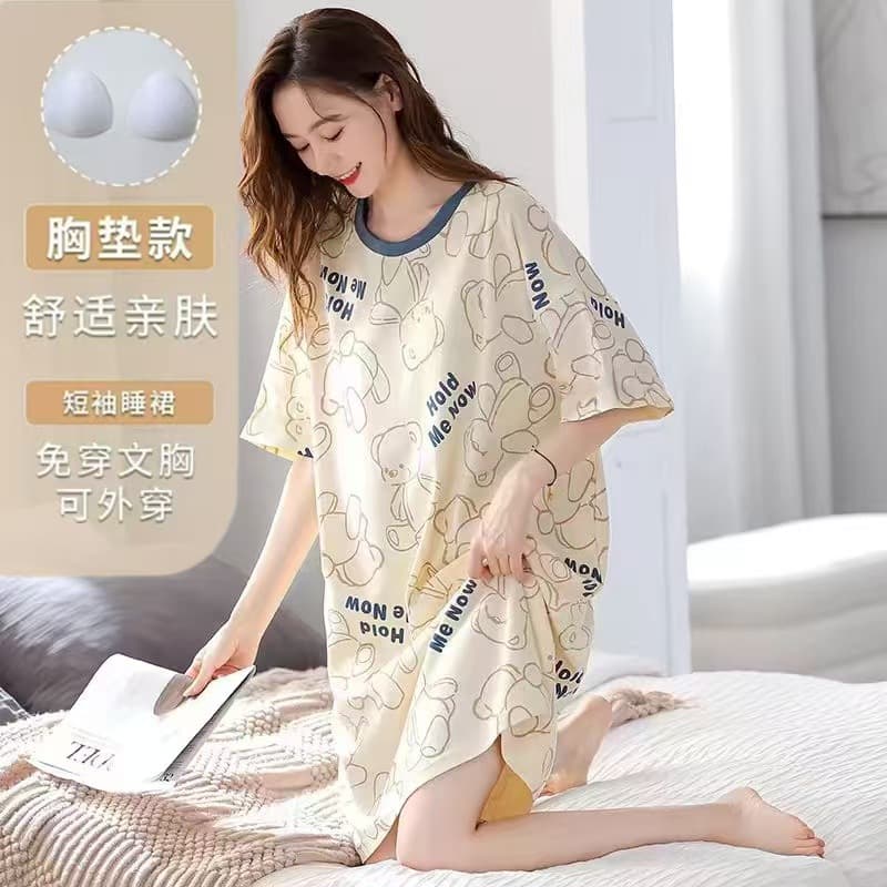 Women's Summer Thin Loose Casual Pullover Nightgown with Built-in Bra Pajamas, Plus Size, Can Be Worn Out at Home.