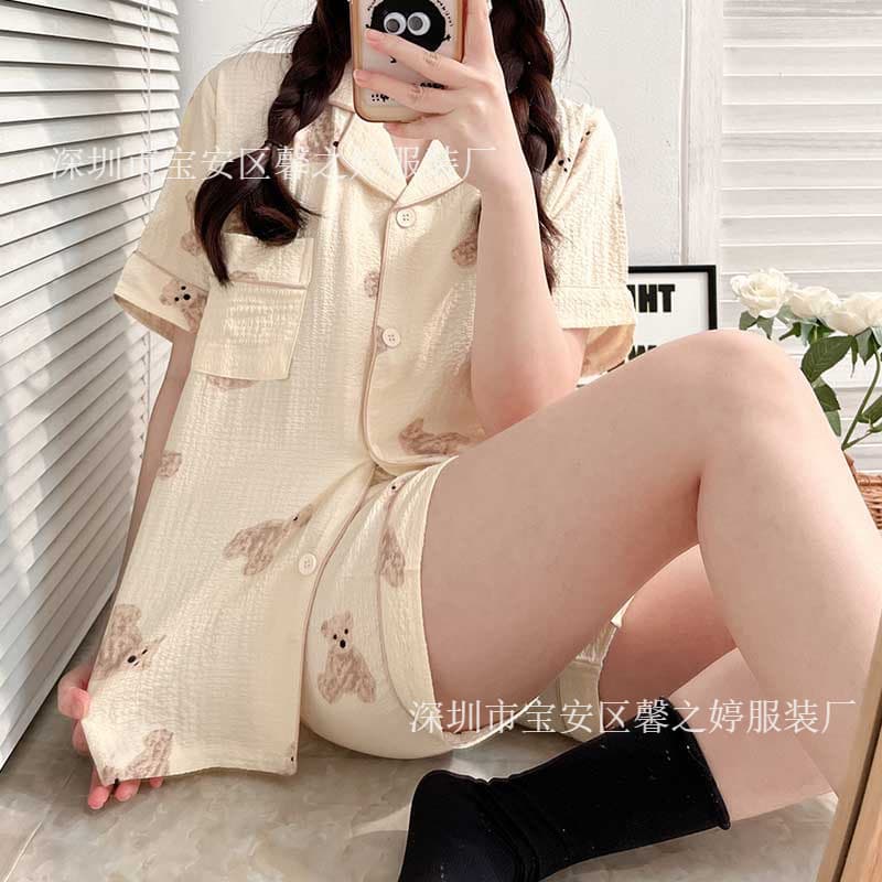 Foreign trade cross-border bubble cotton double short cardigan pajamas women's short-sleeved shorts lapel girl cartoon sweet suit home