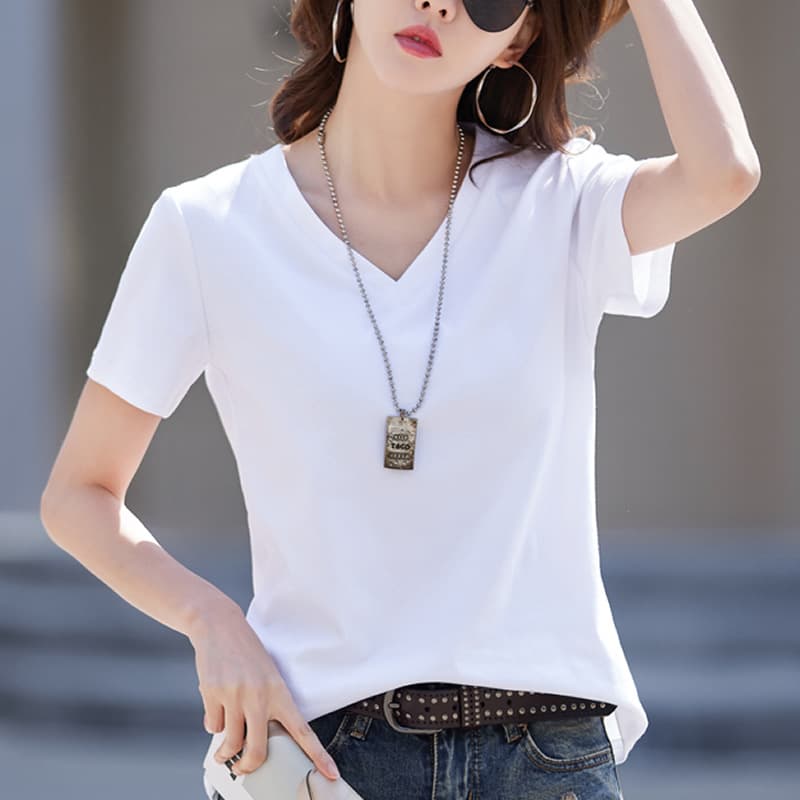 V-Neck T-Shirt Women's Short-Sleeved White Loose Slimming Look New Cotton Right Shoulder Sweetheart Neck Pure Color Top T-Shirt Wholesale
